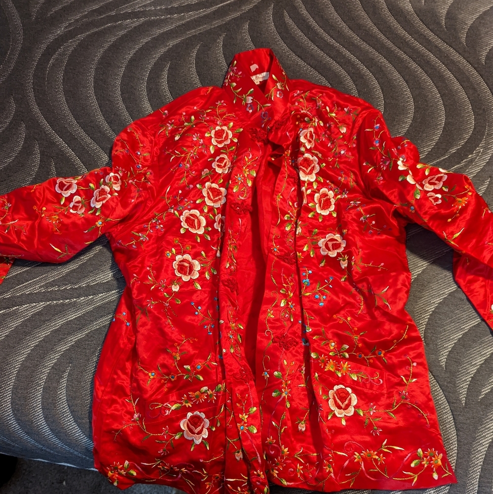 Plum Blossom red silk satin Asian cloak